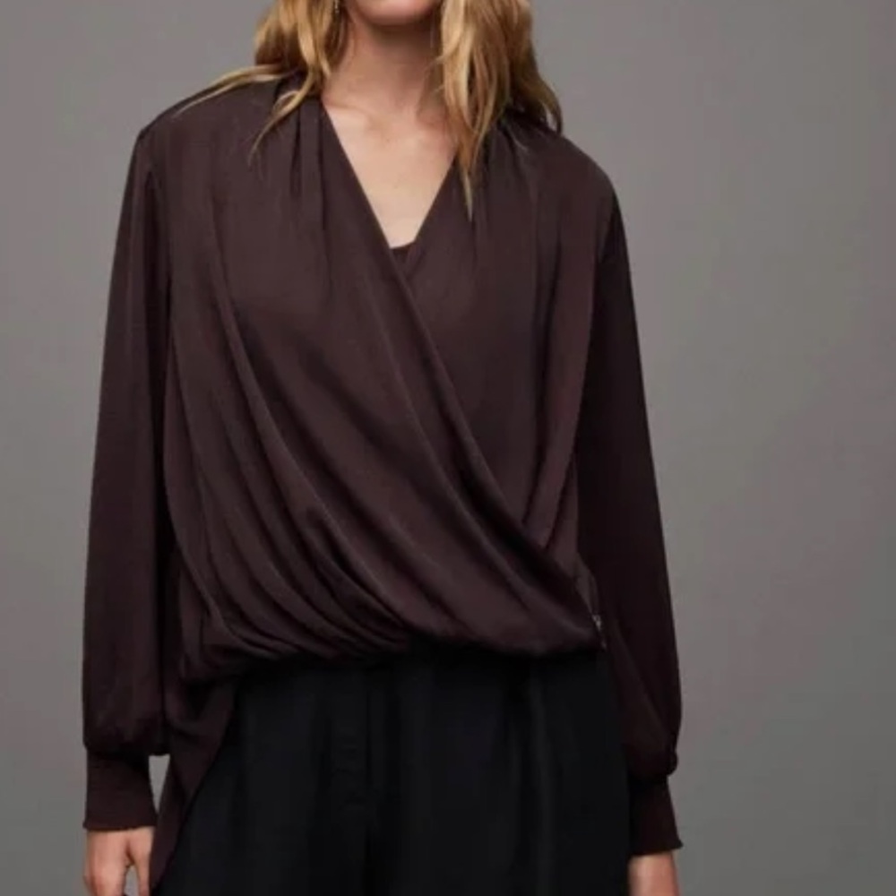 All Saints Rich Burgundy Drape Blouse